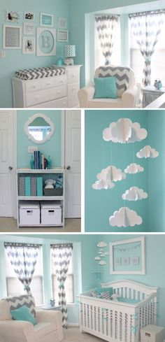 the baby's room is decorated in blue and white colors with clouds hanging from the ceiling