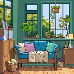 a living room filled with furniture and lots of plants in the window sills