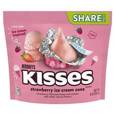 a bag of hershey's kisses strawberry ice cream cone snacks on a white background