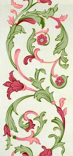 an ornate design with pink, green and red flowers on the side of a white wall