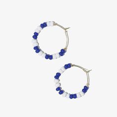 Game Day Mixed Seed Bead Hoop Earrings Blue + White Small Blue Beaded Hoop Earrings, Blue Hoop Beaded Earrings With Tiny Beads, Adjustable Small Blue Hoop Earrings, Adjustable Small Hoop Earrings In Blue, Blue Beaded Earrings For Everyday, Blue Small Hoop Earrings For Summer, Blue Small Hoop Beaded Earrings For Summer, Blue Hoop Earrings With Tiny Beads, Blue Hoop Jewelry For Summer