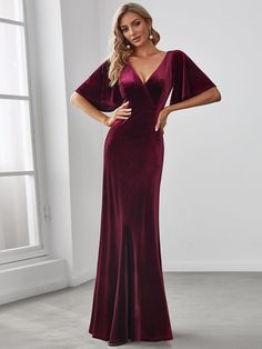 Elegant Double V Neck Velvet Party Dress with Sleeves #color_Burgundy Party Dress With Sleeves, V Neck Party Dress, Ruffles Sleeves, Party Dresses With Sleeves, Velvet Evening Dress, Velvet Party Dress, Dress With Sleeves, Kimono Cardigan, Ruffled Sleeves