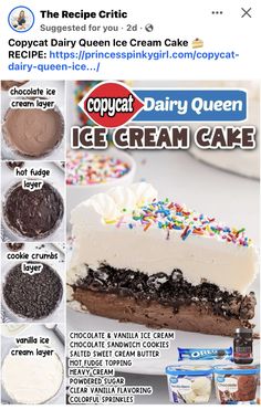 an ice cream cake with chocolate and sprinkles on top is featured in this ad