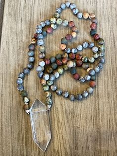 Natural quartz healing crystal, kambaba jasper and picasso jasper beads. Crystal Jewelry Necklaces, Random Products, Quartz Crystal Jewelry, Boho Necklaces, Necklace Inspiration, Vintage Jewelry Ideas, Handmade Boho Jewelry, Kambaba Jasper, Crystal Point Necklace