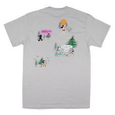 a t - shirt with an image of dogs and trees on the front, in grey