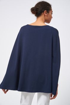 Kal Rieman Cape Sweatshirt in Navy on Model Back View Cape Tops, Slim Trousers, Navy Stripes, Long Length, White Sweatshirt, How To Better Yourself, Favorite Jeans, French Terry, Cape