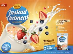 an advertisement for instant oatmeal with strawberries and blueberries in the milk