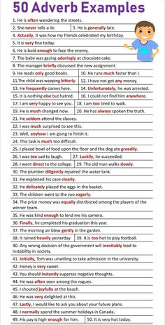 the 50 adverb examples worksheet is shown in purple and red, with an