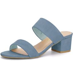 These essential summer slide sandals feature double simple straps, a mid-block heel, and work-to-weekend-to-wherever versatility. Easy to be paired with jeans or dresses for a casual look. It is great for going out with friends to complete your casual look. Faux suede vamp, more textured. Good options for parties, sweet dating, shopping, festivals, banquets, office outfits, casual wear, and daily outfits. Due to the light and screen settings difference, the color may be slightly different from t Affordable Purple Sandals For Spring, Cheap Blue Bottoms For Brunch, Cheap Blue Wedge Heel Sandals, Cheap Summer Heels With Closed Toe, Cheap Closed Toe Heels For Vacation, Cheap Blue Sandals With Soft Sole, Chic Cheap Jelly Sandals With Ankle Strap, Cheap Flat-heel Jelly Sandals For Vacation, Cheap Blue Women's Sandals