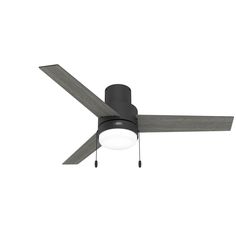 a black ceiling fan with two lights on it's blades and a white light