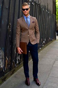 Men's Style Inspire Chinos And Blazer, Don Pedro, Dress Shirt And Tie, Wedding Sparklers, Brown Blazer, Cocktail Attire, Blue Shirt Dress