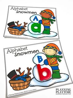 two printable alphabet flash cards with pictures of children playing in the snow