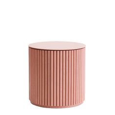 a round pink table with pleated design on the top and bottom, against a white background