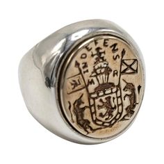 Crest Signet Ring Sterling Silver Bronze Unisex J Dauphin Inspired by Queen Mary of Scots ring. Gold signet-ring; engraved; shoulders ornamented with flowers and leaves. Oval bezel set with silver intaglio depicting achievement of Mary Queen of Scots: shield of Scotland surrounded by collar of thistle, supported by two unicorns; crest: crowned lion sejant affronté holding sword; dexter: banner with arms of Scotland; sinister: flag with three bars over saltire. Inscribed with a monogram surmounted by crown at back of bezel. Hand made in Los Angeles Custom make your own size 3 Weeks to be completed Our design are made to be used for a life time, and passed on for generations. We only make things that last, our long term approach guides us in all our decisions. Our products are made to empowe Queen Mary Of Scots, Mary Of Scots, Wax Seal Ring, Emerald Engagement Ring Set, Gold Diamond Wedding Band, Diamond Fashion Rings, Vintage Style Rings, Silver Signet Ring, Contemporary Ring