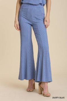 Umgee Soft Flare Bell Pants - Dusty Blue Casual Flared Wide Leg Pants For Spring, Stretch Ribbed Wide Leg Pants Full Length, Stretch Ribbed Wide-leg Pants, Trendy Blue Flare Pants, Mid-rise Blue Wide Leg Pants For Fall, Stretch Ribbed Wide Leg Loungewear Pants, Ribbed Stretch Wide Leg Bottoms, Ribbed Stretch Wide-leg Bottoms, Stretch Ribbed Wide Leg Pants For Loungewear