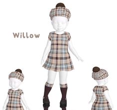 the doll is wearing a plaid dress and knee high boots, while standing next to another doll