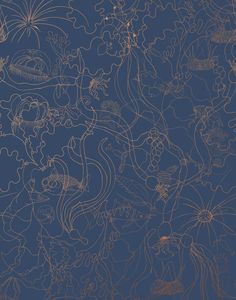 a blue and gold wallpaper with many different types of flowers in the center, on a dark blue background