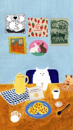 a painting of a cat sitting at a table with food and drinks in front of it