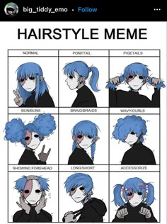 an anime character with blue hair and different facial expressions