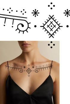 a woman's chest with different designs on it and an image of the back of her neck