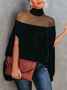 Cold Shoulder Loose Lace Edge Urban Chain Shirt | stylewe Cape Blouse, Cape Tops, Going Out Shirts, High Neck Blouse, Mesh Blouse, Elegant Blouses, Summer Blouses, Loose Blouse, Solid Clothes