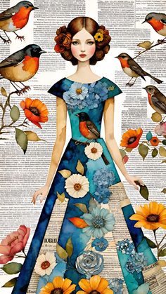 a woman in a blue dress with flowers and birds on her head, standing next to an open book