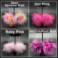 "Our classic Kittycorn Puff Earrings come in all different colors! These super soft Marabou Feather Puff drop Earrings are handmade to match our Kittycorn Fluff Ears! Accessorize alone or together as a set with matching Fluff Ears for a fluffing meowgical combo! Purrrfect for festivals, raves, or for just adding that extra touch of sparkle to your every day wear! Features: - Puffs are super lightweight and made with soft Marabou feathers dyed in the color of your choice - Earring hooks and 1.5\" Rosy Maple Moth, Festival Sunglasses, Earrings Feather, Festival Earrings, Satin Noir, Ear Earrings, Festival Accessories, Heart Sunglasses, Pink Rainbow