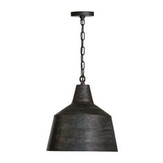 an industrial style pendant light with chain hanging from the bottom, on a white background