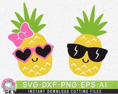 two pineapples with sunglasses and a bow on their heads, both wearing heart shaped glasses