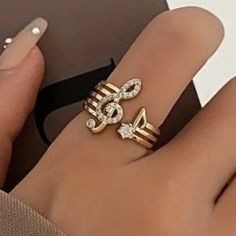 Gold & Rinestone Musical Note Ring 100% Adjustable Sheet Music Jewelry New Wedding Ring Enhancers, Music Note Ring, Music Rings, Ladies Silver Rings, Music Wedding, 2 Carat Engagement Ring, Radiant Cut Engagement Rings, Engagement Rings Princess, Amethyst And Diamond Ring