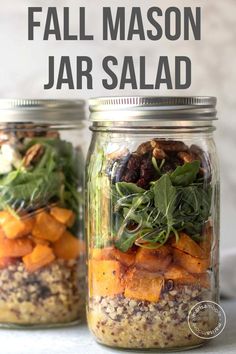 two mason jars filled with different types of food and the words fall mason jar salad