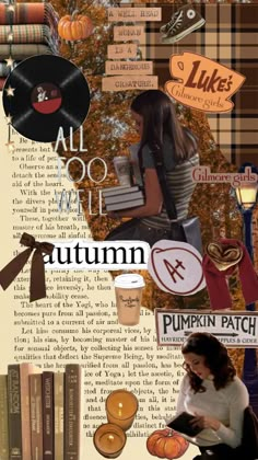 a collage of autumn images with books, pumpkins and other things in the background