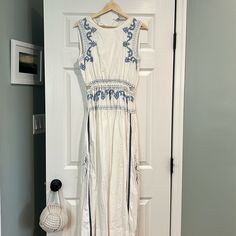 White With Pretty Blue Stitched Details, Small Side Cut Outs Euc - Never Worn, Tags Removed Zara Floral Embroidered Maxi Dress, Zara Floral Embroidered Maxi Dress For Beach, Zara Maxi Dress With Floral Embroidery, Sleeveless Cotton Maxi Dress From Zara, Zara White Maxi Dress With Floral Embroidery, Chenille Dress, Zara Summer Dress, Zara Slip Dress, Zara Printed Dress