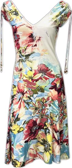 Elegant Multicolor Floral Dress For Summer, Summer Multicolor A-line Floral Dress, Multicolor Silk Dresses For Garden Party, Multicolor Silk Dress For Garden Party, Multicolor A-line Summer Floral Dress, Roberto Dress, Roberto Cavalli Dress, Cavalli Dress, Long Gown Dress