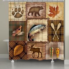 a shower curtain with animals and leaves on it