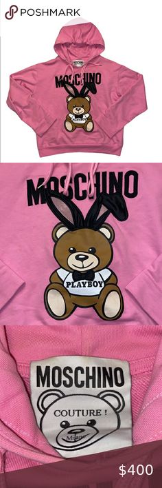 Moschino Couture X Jeremy Scott Teddy Bear Playboy Pink Sweatshirt Hoodie Bunny Tail, Jeremy Scott, Pink Sweatshirt, Sweatshirt Hoodie, Sneakers Fashion, Sparkle