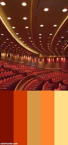 an auditorium with rows of red seats and lights on the ceiling is shown in color swatches