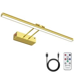 an image of a gold colored light fixture with remote control and extension cord for the ceiling