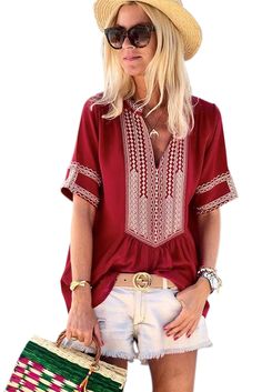 Red Elbow Length Sleeves Front Embroidery Blouse Designers Blouse, Embroidered Tunic Top, Chic Shirts, Red Embroidery, Casual Wear Women, Embroidered Tunic, Island Style, Style Blouse, Summer Blouses