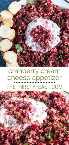 cranberry cream cheese appetizer is served with crackers and garnishes