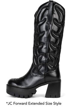 *Our best-seller HONKY-TONK now available in extended sizing. Platform knee-high cowboy boot with lug sole Fits true to size Measurements taken from a size 7 3.5" Heel, 2" Platform 12.5" Shaft, 14" Leg Opening Western Knee-high Wide Calf Platform Boots, Western Style Knee-high Wide Calf Platform Boots, Wide Calf Knee-high Western Platform Boots, Western-themed Knee-high Heeled Boots For Winter, Winter Knee-high Boots For Rodeo, Western Style Fitted Knee-high Platform Boots, Fitted Western Platform Boots For Fall, Wide Calf Knee-high Moto Boots For Rodeo, Knee High Cowboy Boots