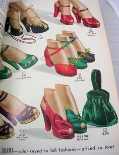 Aldens Catalog 1948-1949, Fall & Winter Forties Fashion, Vintage Fashion Style, Winter Purses, Fashion Style Women, Womens Red Shoes, Color Illustration