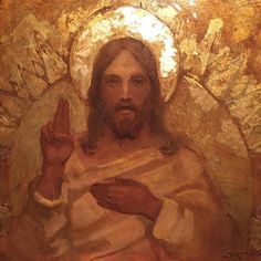 a painting of jesus holding his hands up