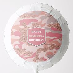 a pink and white foil balloon with the words happy samantaha birthday on it