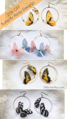 Colorful designs Hoop Butterfly Earrings with Silk Swallowtails, Blue Butterflies, Pale Pink Butterflies #butterflyearrings #hoopearrings #earringshandmade #earrings #silkbutterfly #alinazadorozhna  #butterflyjewelry Silk Butterfly, Hoop Earrings Handmade, Double Hoop Earrings, Whimsical Jewelry, Blue Butterflies, Big Hoop Earrings, Earring Trends, Aesthetic Inspiration, Yellow Butterfly