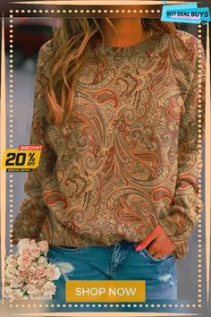 Paisley Long Sleeve Sweatshirt Paisley Clothes, Half Sleeve Cardigan, Pre Fall Fashion, Fashion Sweatshirts, Paisley Fashion, Round Neck Sweatshirts, Basic Long Sleeve, Casual Lace, Long Sleeve Sweatshirt