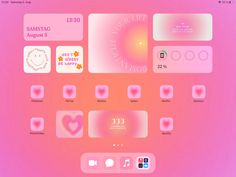 an image of a pink background with various icons and symbols on it's side