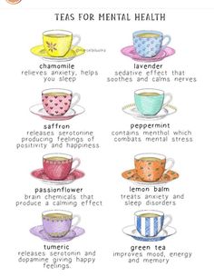 the teas for mental health poster with different types of cups and saucers on it