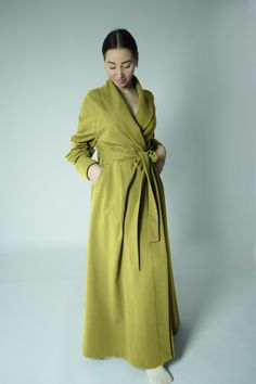 "Beautiful, well made robe that is so soft and luxurious.  With large pockets and long sleeves. Made of very soft and pleasant to the body jersey. On the wrong side has a down. It is really warm and cozy. It absorbs moisture well and dries quickly. Perfect gift for your loved ones. - 95% organic cotton, 5% elastan . Knitwear has certificates GOTS and Oeko-Tex. - 100% Handmade, cut and sewn with all care and on good equipment to order in our studio. - Standard length robe 56\" / 142cm (but if you need shorter or longer, please write in the personalization).  - Standard sleeve length with turned-up cuff from neck +- : S - 30,5\"/ 77,5cm, M - 30,7\"/ 78cm, L - 31\"/ 79cm, XL - 31,5\"/ 80cm (but if you need shorter or longer, please write in the personalization). The right side of the robe goe Green Fitted Wrap Maxi Dress, Long Sleeve Green Robe For Fall, Fitted Long Robe For Fall, Floor Length Robe, Robe For Women, Girls Party Wear, Women's Robe, Pajama Robe, Womens Robes