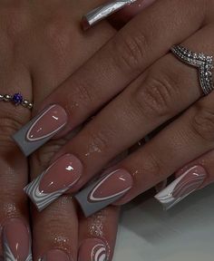 Grey Acrylic Nails, Tapered Square Nails, French Tip Nail Designs, White Acrylic Nails, Colored Acrylic Nails, French Tip Acrylic Nails, French Acrylic Nails